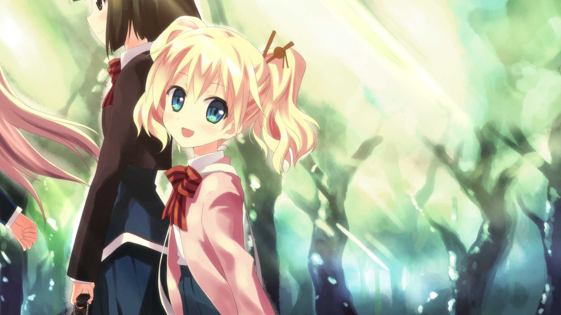 4K Ultra HD anime desktop wallpaper featuring Alice Cartelet from KINMOZA! standing outdoors with vibrant light filtering through trees.