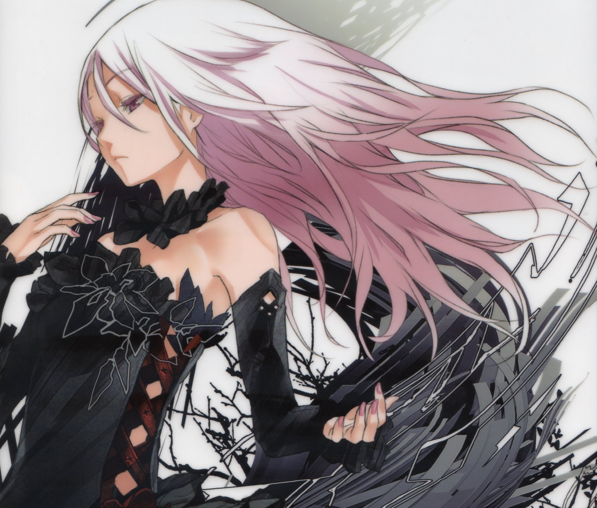 Inori Yuzuriha from Guilty Crown in a detailed anime portrait with flowing pink hair, dressed in black, featured in a 4K Ultra HD PC desktop wallpaper.