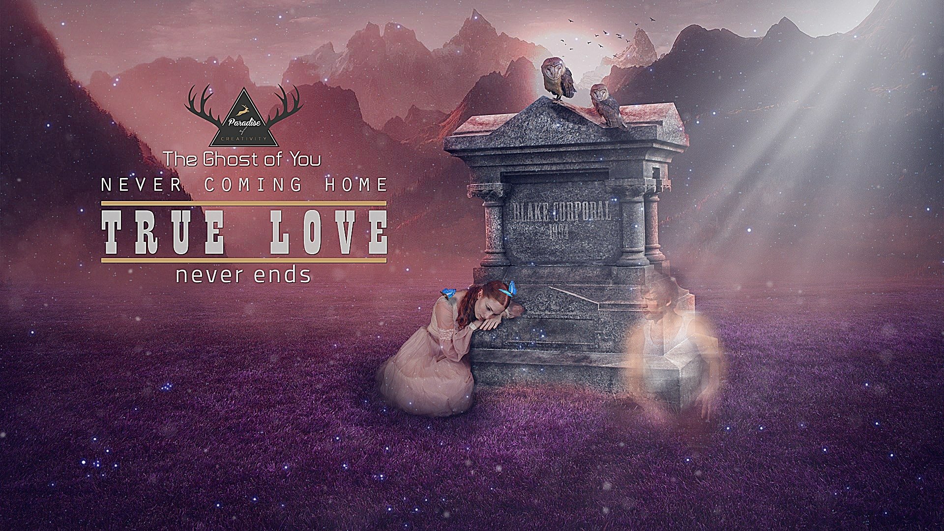 HD PC desktop wallpaper showing a dark, sad scene with a tombstone, ghostly figures, and the words True Love Never Ends against a moody, mountainous background.