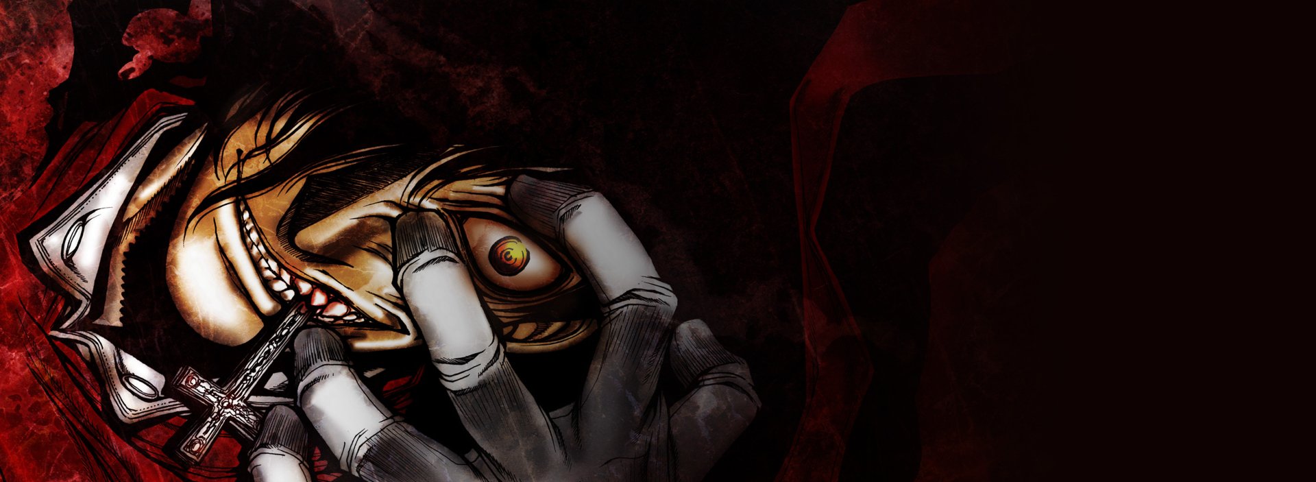 HD anime desktop wallpaper featuring Alucard from Hellsing gripping a glowing eye with intense detail and dark, dramatic tones.