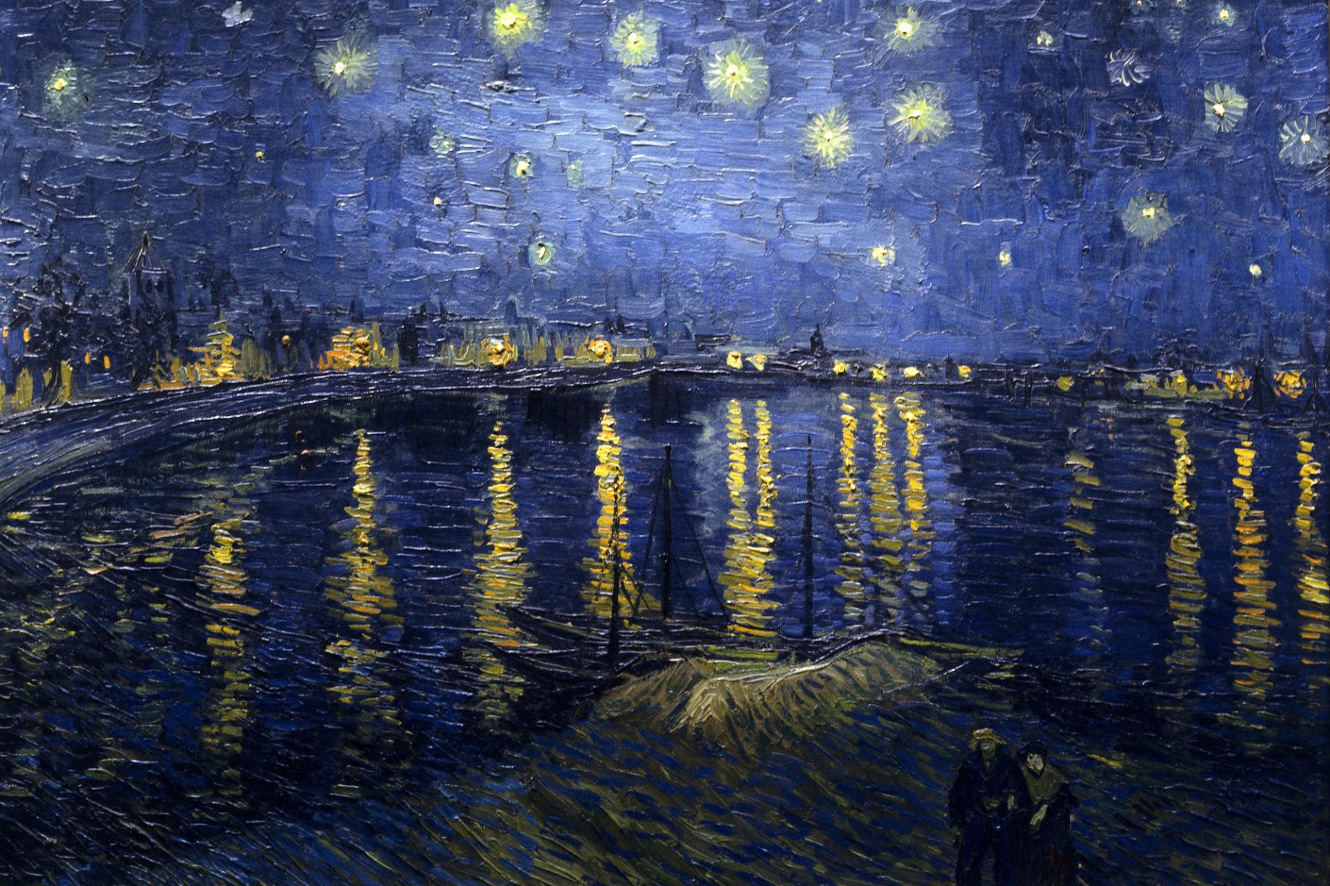 HD desktop wallpaper featuring Vincent Van Gogh's artistic painting of a starry night over a calm, reflective body of water with blue hues dominating the scene.