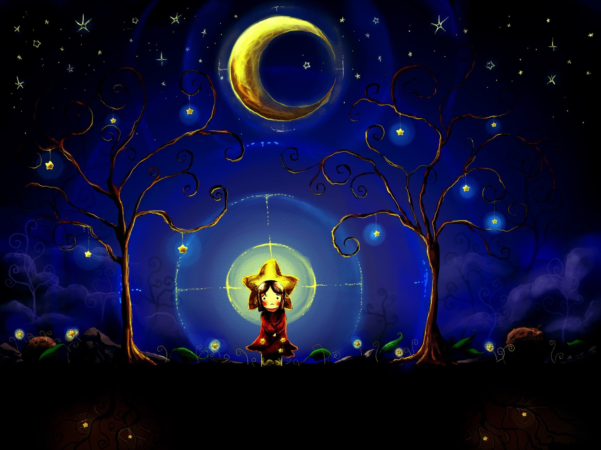 Download Star Tree Moon Little Girl Night Artistic Child HD Wallpaper by Chibionpu
