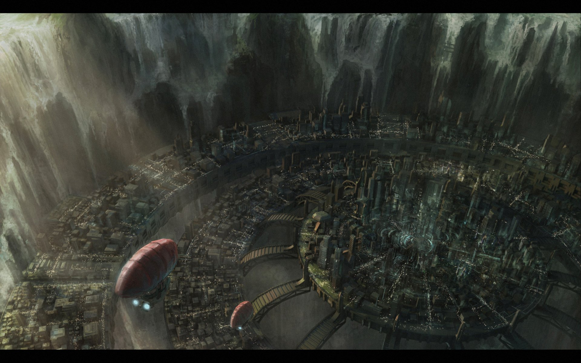 A stunning sci-fi cityscape showcases a futuristic metropolis surrounded by cascading waterfalls. This vibrant HD wallpaper immerses viewers in a captivating otherworldly scene.