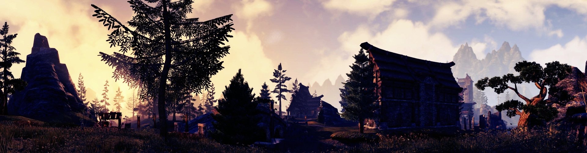 HD PC desktop wallpaper from the video game The Elder Scrolls Online: twilight village with timber houses and pine trees silhouetted against a purple-orange sky.