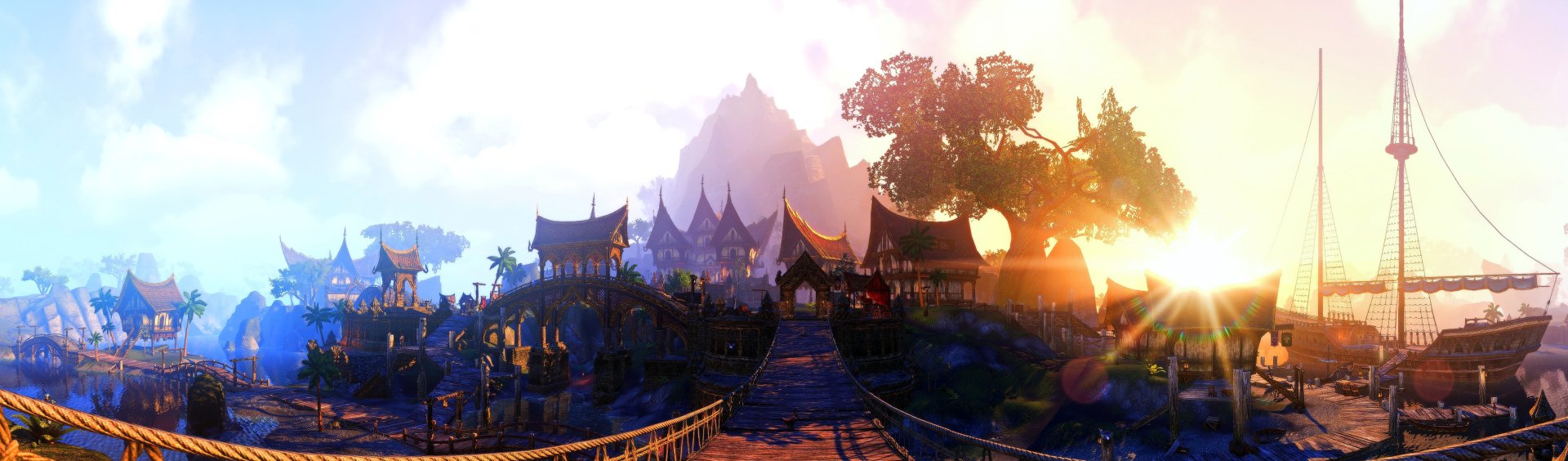 HD PC desktop wallpaper featuring a scenic landscape from the video game The Elder Scrolls Online, showcasing a village with traditional architecture at sunset.