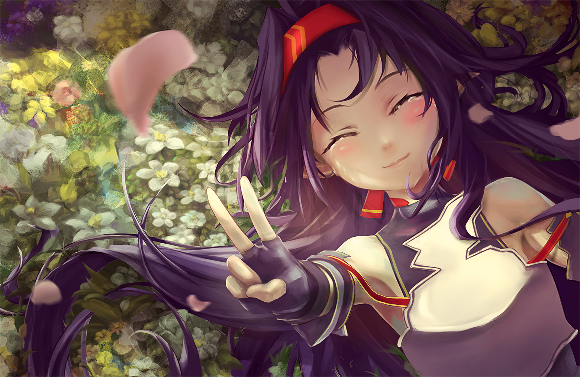 HD desktop wallpaper of Yuuki Konno from Sword Art Online II. The anime character is smiling and making a peace sign, set against a vibrant background of flowers.
