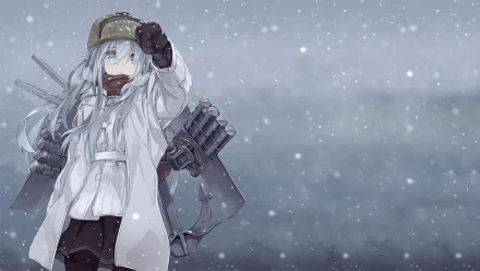 Hibiki (Kancolle) in an anime winter scene: white coat and cap, ship rigging on her back as snow falls over a gray sea — HD PC desktop wallpaper/background.
