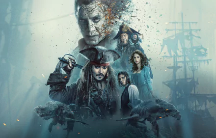 HD wallpaper of Pirates of the Caribbean: Dead Men Tell No Tales featuring Jack Sparrow, Captain Salazar, Hector Barbossa, Carina Smyth, and Henry Turner in an immersive, adventurous design.