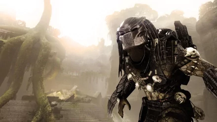 A high-definition desktop wallpaper featuring an alien Predator wearing a necklace and mask, emerging from a misty, jungle-like environment with a weapon holster and armor, inspired by the Aliens vs. Predator video game.