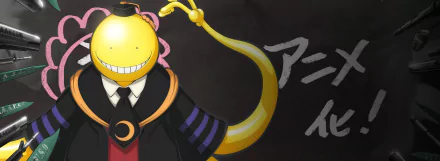 HD PC desktop wallpaper featuring Koro-sensei from the anime Assassination Classroom, wearing a graduation cap and gown with a dark background and Japanese text.