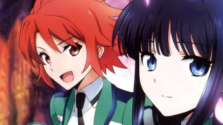 HD desktop wallpaper featuring Erika Chiba with short orange hair and eyes, and Shiba Miyuki with long purple hair and blue eyes from the anime The Irregular at Magic High School, both in colorful uniforms.