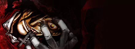HD anime desktop wallpaper featuring Alucard from Hellsing gripping a glowing eye with intense detail and dark, dramatic tones.