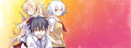 HD PC desktop wallpaper featuring anime characters Sen Yarizui, You Satou, and Ayame Shaga from the series Ben-To against a vibrant orange and pink gradient background.
