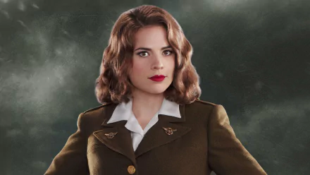 HD desktop wallpaper featuring Hayley Atwell as Agent Carter from the TV show, set against a moody, smoky background.