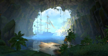 HD desktop wallpaper featuring a scenic cave entrance opening to a misty coastal view with ships, inspired by The Elder Scrolls Online video game.