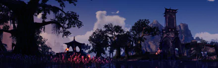 HD PC desktop wallpaper/background from the video game The Elder Scrolls Online: moonlit marsh with glowing pink flowers, silhouetted trees, a small pagoda, and distant mountains under deep blue sky.