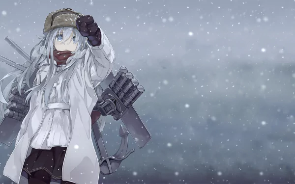 Hibiki (Kancolle) in an anime winter scene: white coat and cap, ship rigging on her back as snow falls over a gray sea — HD PC desktop wallpaper/background.