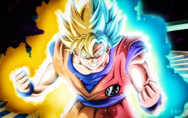 Anime-style Dragon Ball Super character powering up with intense blue and yellow energy bursts, rendered in vibrant 8K Ultra HD for a PC desktop wallpaper.