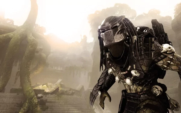 A high-definition desktop wallpaper featuring an alien Predator wearing a necklace and mask, emerging from a misty, jungle-like environment with a weapon holster and armor, inspired by the Aliens vs. Predator video game.