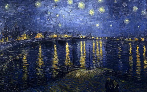 HD desktop wallpaper featuring Vincent Van Gogh's artistic painting of a starry night over a calm, reflective body of water with blue hues dominating the scene.