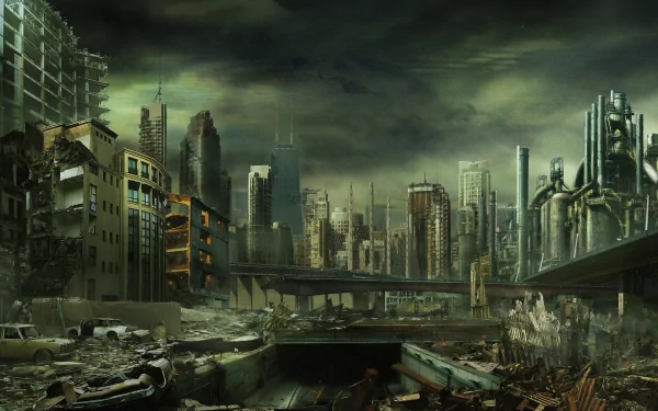 A breathtaking post-apocalyptic cityscape features crumbling skyscrapers and eerie skies, offering a striking HD backdrop for sci-fi enthusiasts and apocalyptic themes.