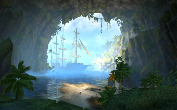 HD desktop wallpaper featuring a scenic cave entrance opening to a misty coastal view with ships, inspired by The Elder Scrolls Online video game.