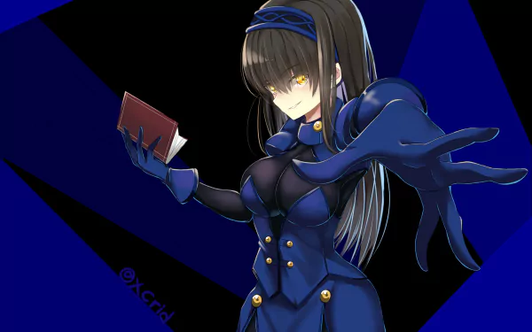 HD PC desktop wallpaper featuring Fumika Sagisawa from the anime The iDOLM@STER Cinderella Girls in a dark blue outfit, holding a book with an intense expression.