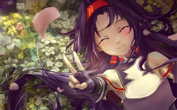 HD desktop wallpaper of Yuuki Konno from Sword Art Online II. The anime character is smiling and making a peace sign, set against a vibrant background of flowers.