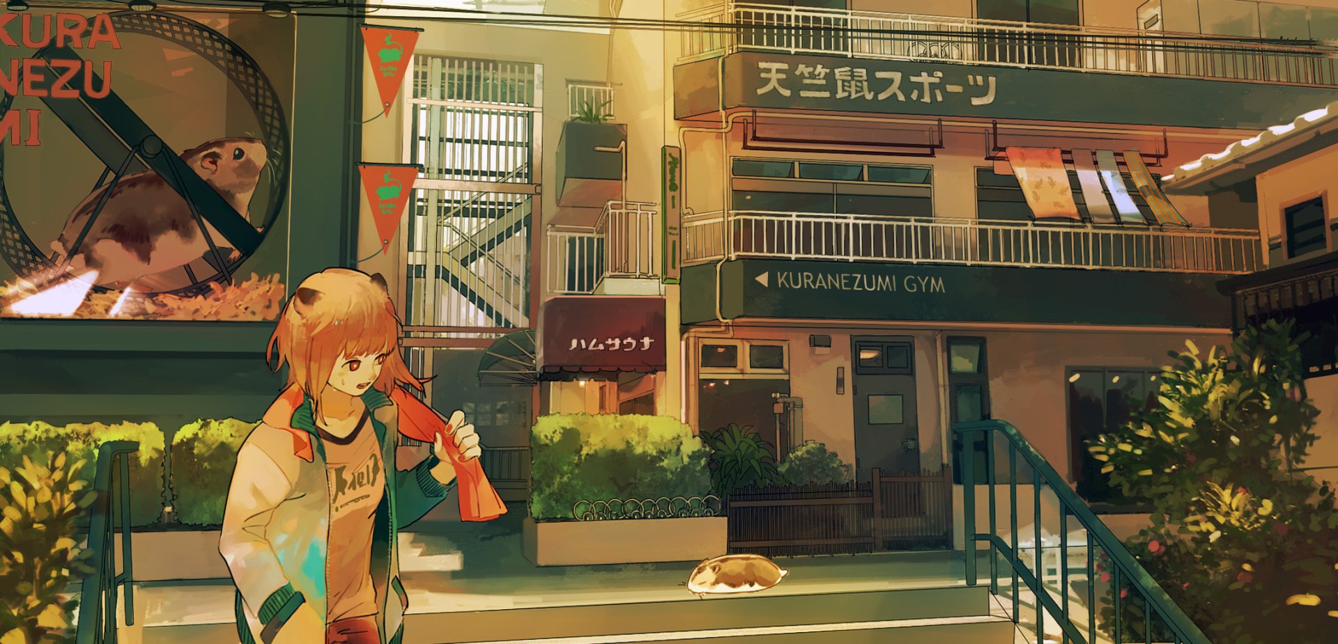 Anime-style HD desktop wallpaper featuring a blonde character with short hair and orange eyes, wearing a scarf, accompanied by a hamster in a warm urban setting.