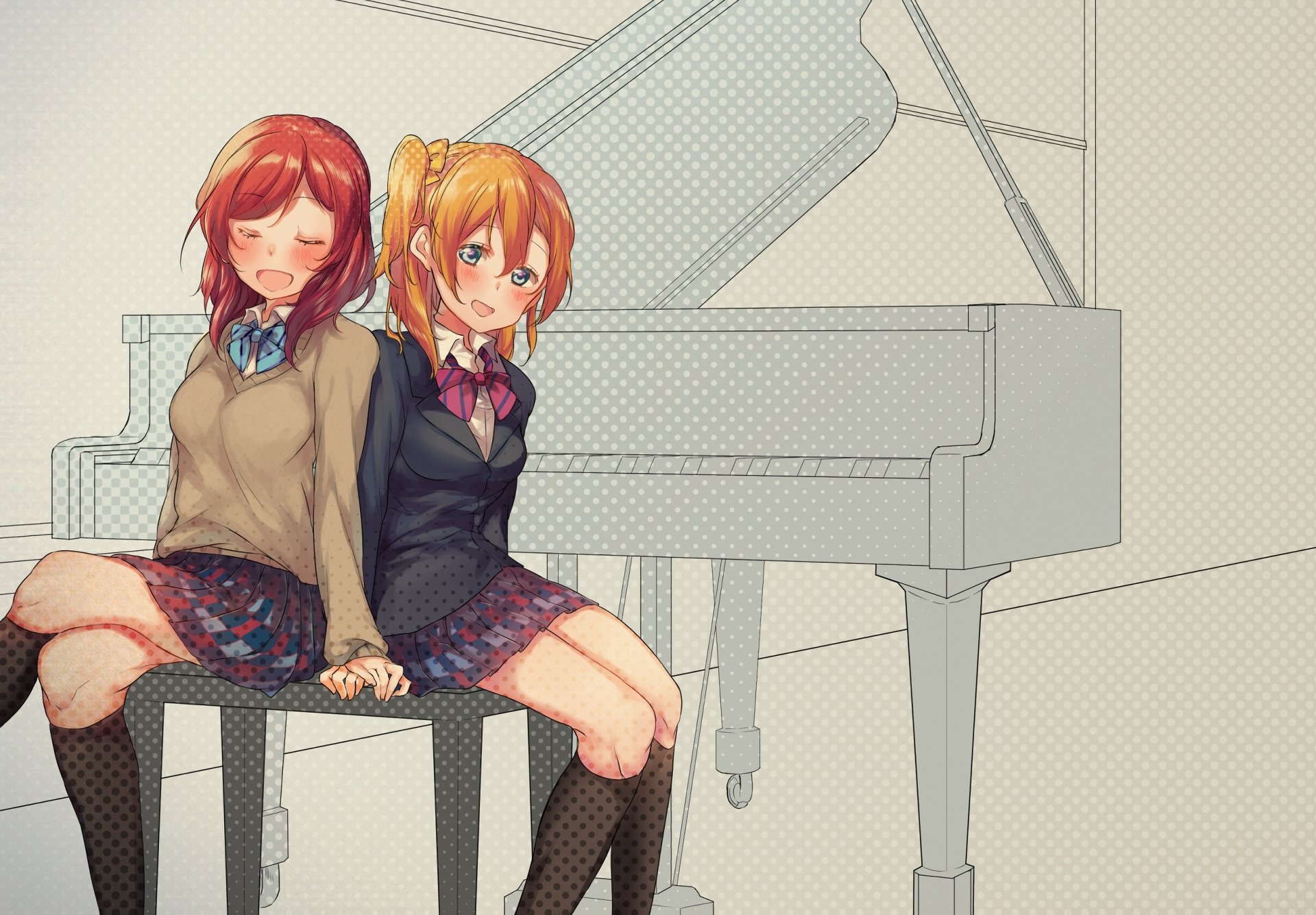 HD PC desktop wallpaper of Love Live! anime characters Maki Nishikino and Honoka Kousaka sitting on a piano bench, holding hands in school uniforms with a white grand piano behind them.