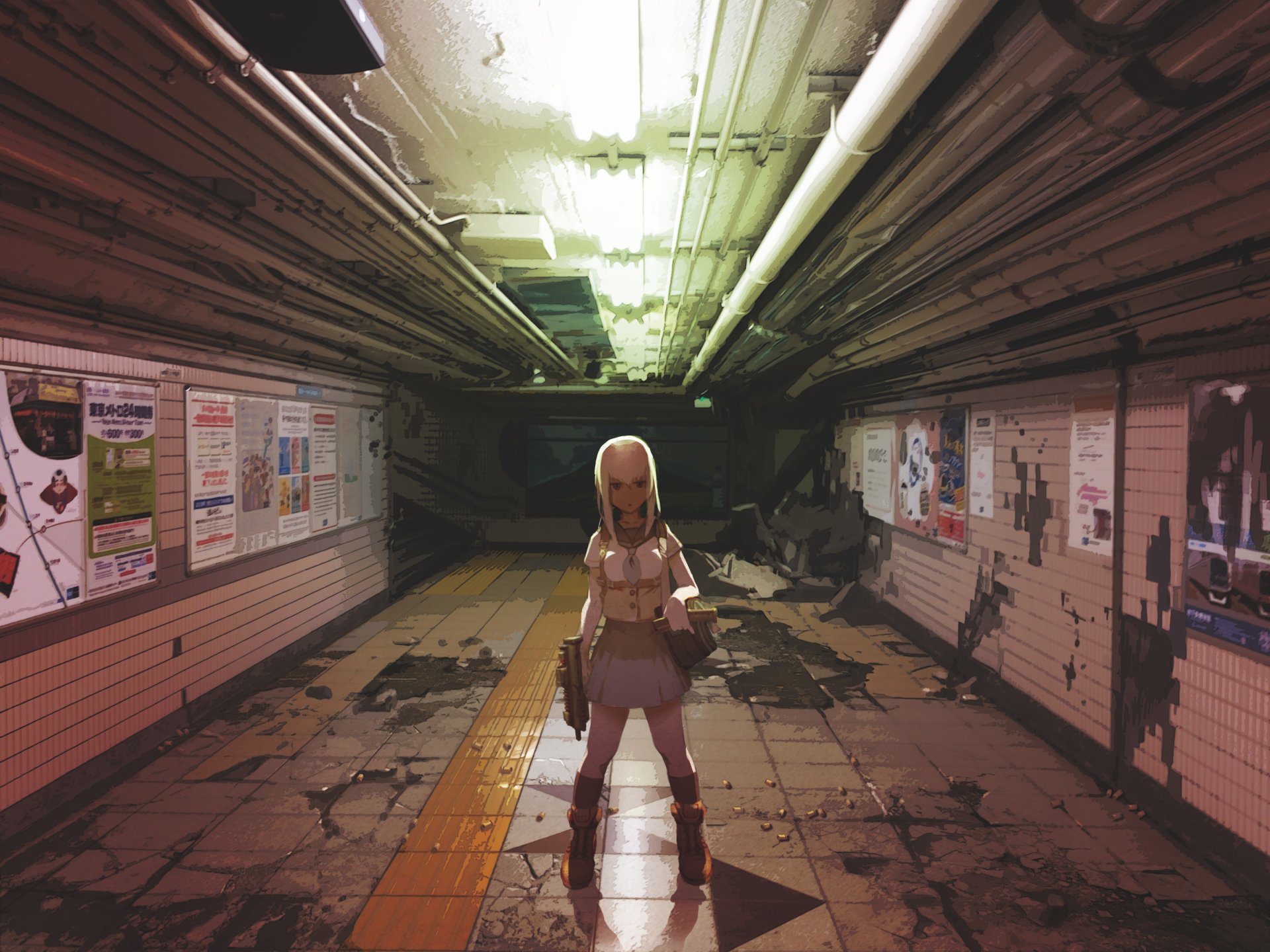 HD anime original desktop wallpaper featuring a lone girl standing in a dimly lit, damaged underground tunnel with detailed pipes and worn walls.