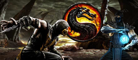 2K Quad HD PC desktop wallpaper: Mortal Kombat video game scene of Scorpion and Sub‑Zero facing off beneath the fiery dragon emblem.