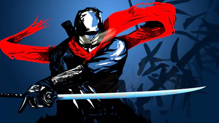 HD desktop wallpaper featuring an original blue-themed anime ninja with a red scarf, wielding a katana against a dynamic, dark blue background.