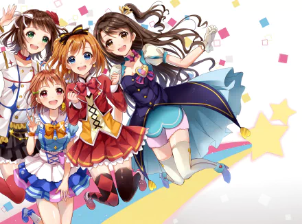 HD anime desktop wallpaper: Love Live! × The iDOLM@STER Cinderella Girls crossover featuring Honoka Kousaka, Haruka Amami, Chika Takami and Uzuki Shimamura in colorful stage outfits with confetti