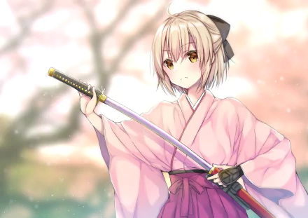 HD desktop wallpaper featuring Sakura Saber from Fate/KOHA-ACE, holding a katana. The anime artwork showcases her in a traditional outfit with a cherry blossom background.