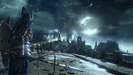 HD PC desktop wallpaper showcasing a Dark Souls III scene with a knight overlooking a dark, gothic cityscape under a moonlit sky.