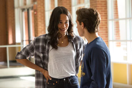 HD wallpaper featuring Liz Allen and Peter Parker, portrayed by Laura Harrier and Tom Holland, from the movie Spider-Man: Homecoming.