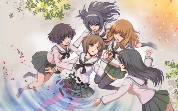 HD PC desktop wallpaper of Girls und Panzer anime: Miho Nishizumi, Saori Takebe, Mako Reizei, Hana Isuzu and Yukari Akiyama in school uniforms around a shimmering pool.