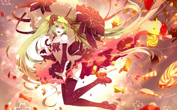 Anime Vocaloid Hatsune Miku Twintails Long Hair Green Hair Thigh Highs Skirt Candy Flower Umbrella Bow HD Wallpaper | Background Image