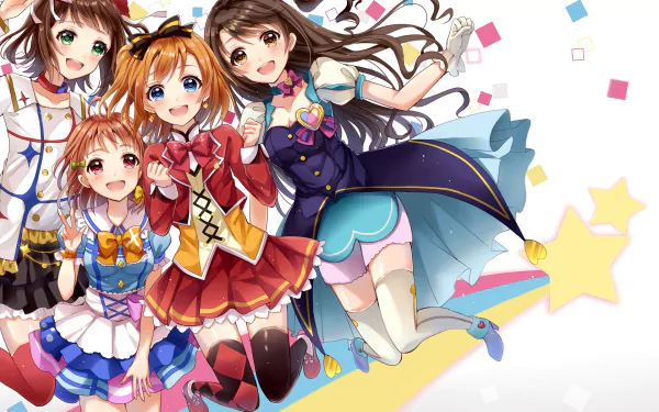 HD anime desktop wallpaper: Love Live! × The iDOLM@STER Cinderella Girls crossover featuring Honoka Kousaka, Haruka Amami, Chika Takami and Uzuki Shimamura in colorful stage outfits with confetti