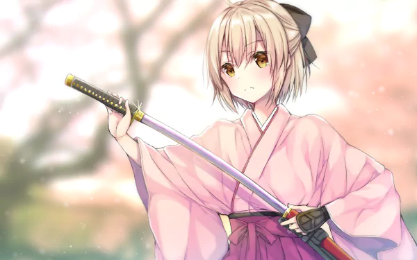 HD desktop wallpaper featuring Sakura Saber from Fate/KOHA-ACE, holding a katana. The anime artwork showcases her in a traditional outfit with a cherry blossom background.