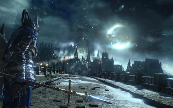 HD PC desktop wallpaper showcasing a Dark Souls III scene with a knight overlooking a dark, gothic cityscape under a moonlit sky.