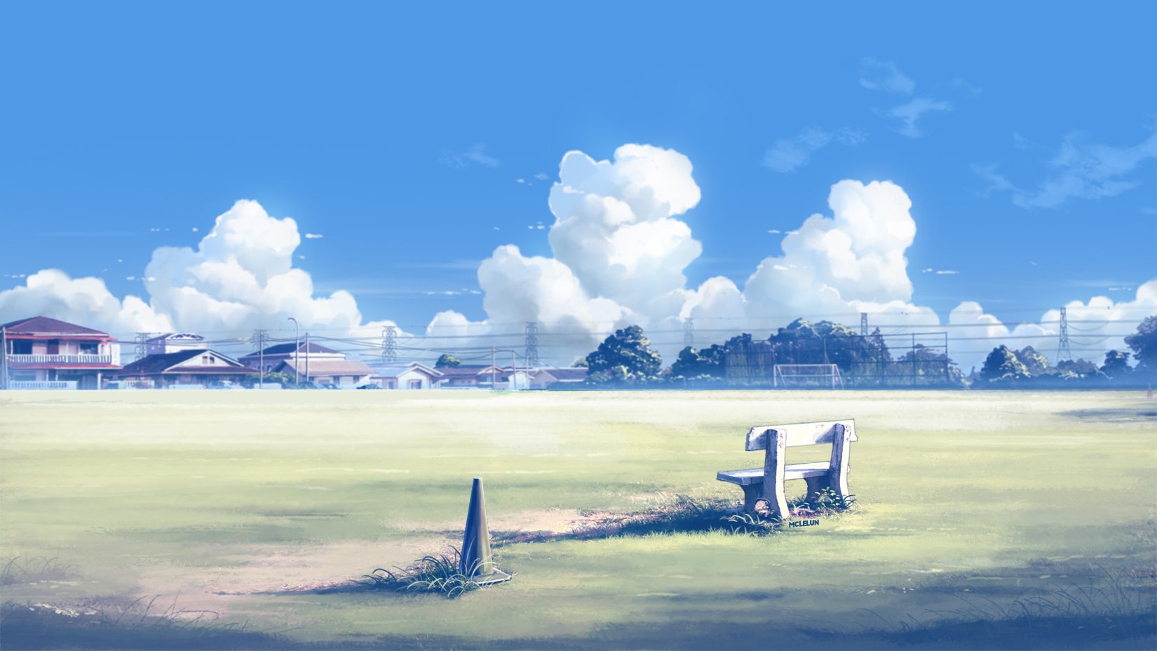 HD anime wallpaper featuring a serene outdoor scene with a bench on a grassy field, under a clear blue sky with fluffy white clouds in the background.