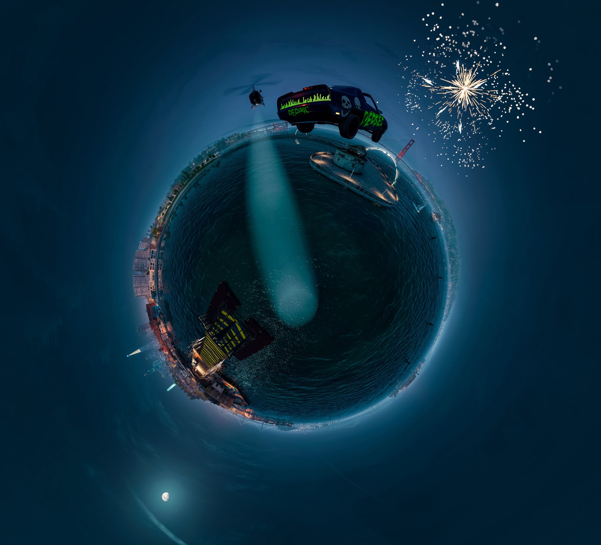 4K Ultra HD desktop wallpaper featuring a dynamic car scene from the video game Watch Dogs 2, with a tiny planet cityscape and fireworks in the night sky.