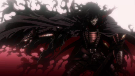 HD desktop wallpaper featuring Alucard from Hellsing, depicted as a formidable warrior with a dark, shadowy cape and eerie surroundings. Anime detail captures his intense and mysterious aura.