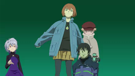 Anime wallpaper featuring July, Suou Pavlichenko, Yin, and Hei from Darker Than Black in vibrant 8K Ultra HD quality with a green gradient background.