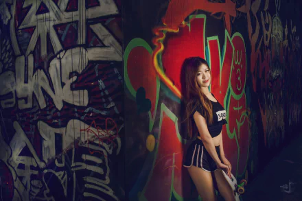 HD desktop wallpaper featuring an Asian woman standing against a colorful graffiti wall, with the background showcasing vibrant street art.