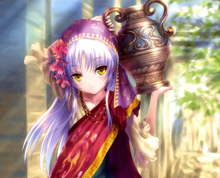 HD anime wallpaper featuring Kanade Tachibana from Angel Beats!, depicted holding a decorative urn with vibrant colors and detailed background lighting.