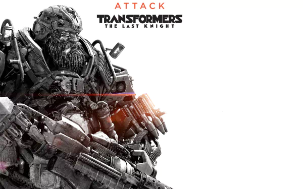 HD PC desktop wallpaper featuring Hound from the movie Transformers: The Last Knight, showcasing the armored Autobot with weaponry in a detailed, monochrome design.