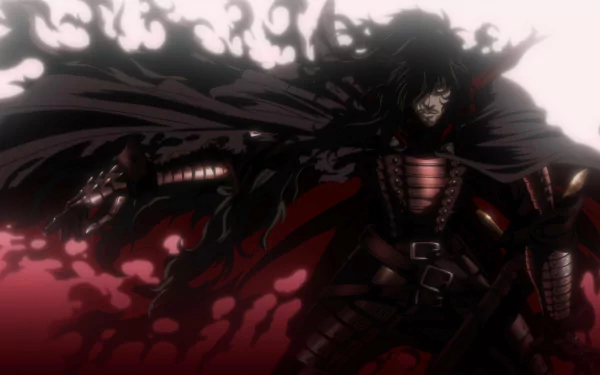 HD desktop wallpaper featuring Alucard from Hellsing, depicted as a formidable warrior with a dark, shadowy cape and eerie surroundings. Anime detail captures his intense and mysterious aura.